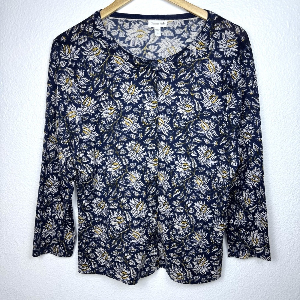 Garnet Hill Signature Eco Merino Wool Floral Cardigan Womens XL Blue Yellow
